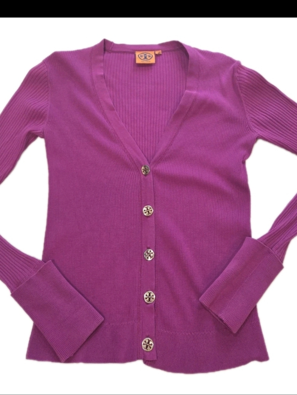Tory Burch Simone Cotton Rib Knit Cardigan Fuschia Pink Logo Buttons Size XS
